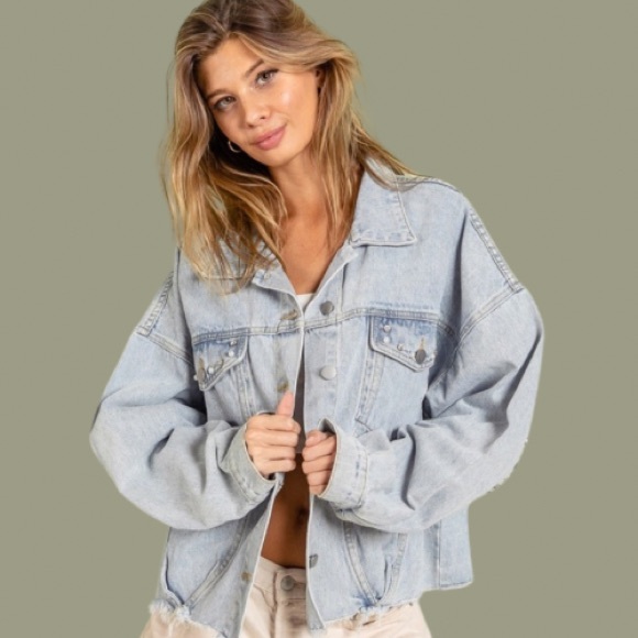 New Chic Oversized Pearl and Rhinestone Trim Denim Jean Jacket - Picture 5 of 8